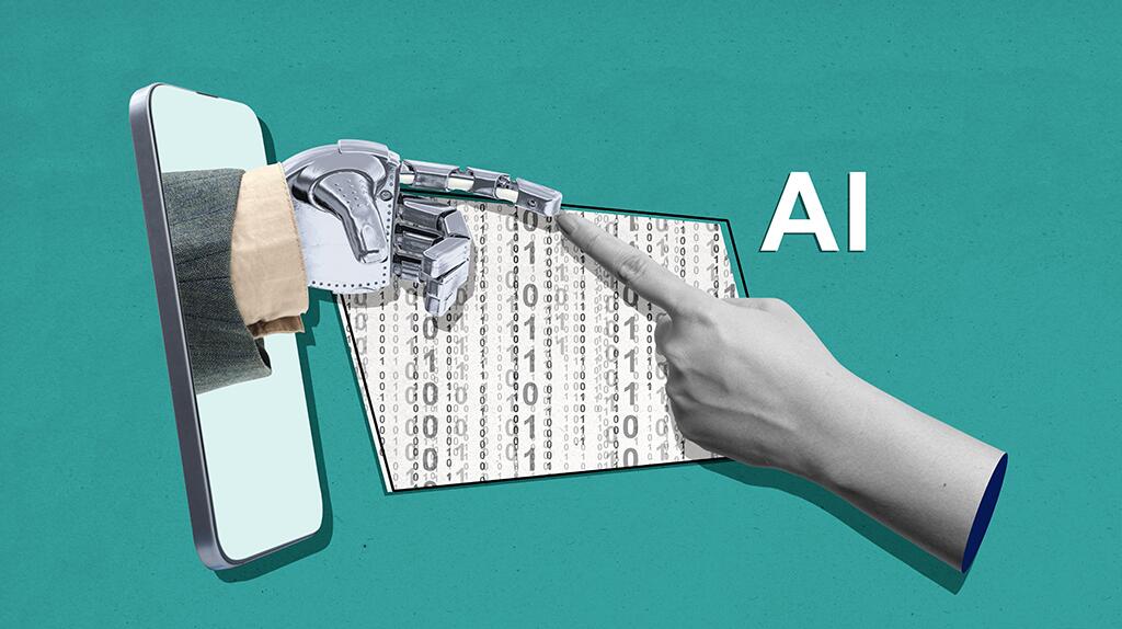 Robotarm en menselijke arm wijzen samen naar datascherm op turquoise achtergrond.