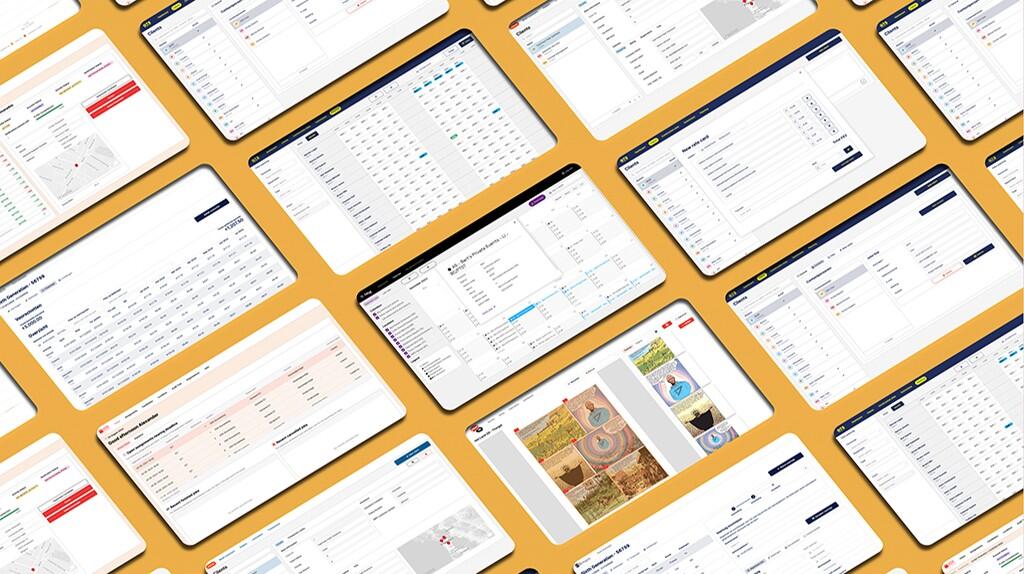 Webpagina's met tabellen en grafieken op een oranje achtergrond.