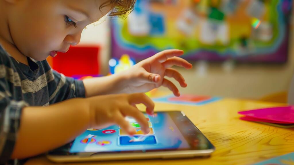 Klein kind speelt op tablet aan tafel kleurrijke achtergrond.