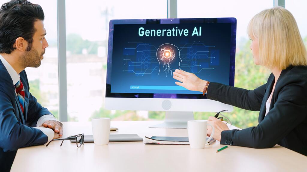 Twee mensen in pak bespreken Generative AI op een computerscherm.
