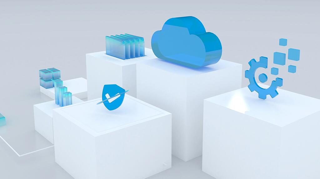 Blauwe cloud, tandwiel en cirkel op witte blokken.