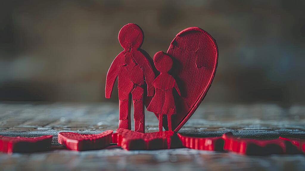 Rode silhouetten van een jongen en meisje voor een hartvorm op houten oppervlak.