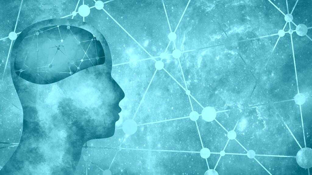 Silhouet van een hoofd met digitale netwerken op een blauwgroene achtergrond.