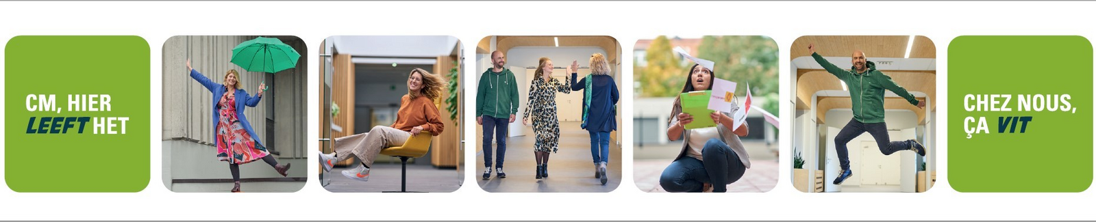 Vier mensen dansen vrolijk op straat in kleurrijke kleding.