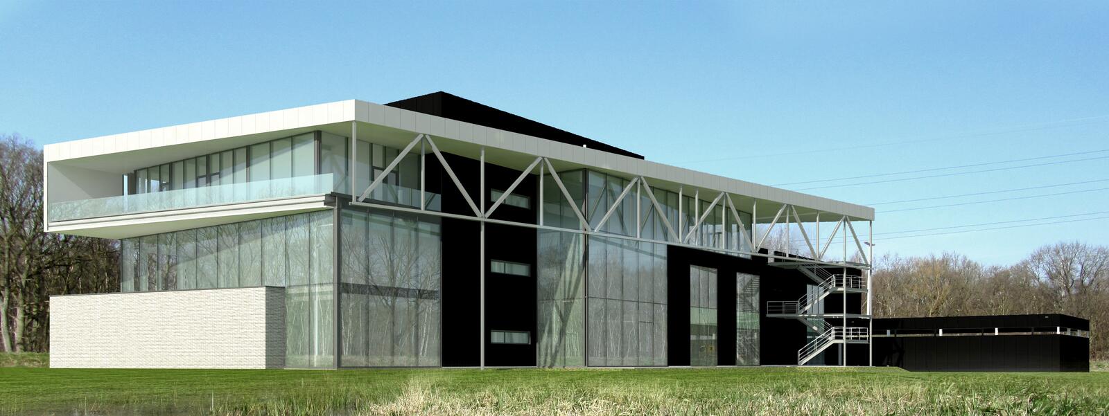 Modern gebouw met glazen gevels en metalen structuren in groene omgeving.