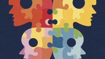 Vier gezichten in puzzelstukken, kleurrijke patronen tegen een donkere achtergrond.