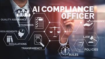 Infographic met AI compliance thema, iconen en tekst labels zoals regels en transparantie.