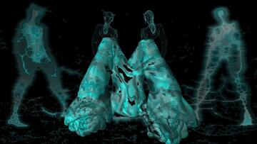 Twee figuren in groen-blauwachtige lichten staan centraal, omgeven door schimmen.