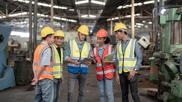 Arbeiders met helmen en veiligheidsvesten kijken naar een tablet in een fabriekshal.
