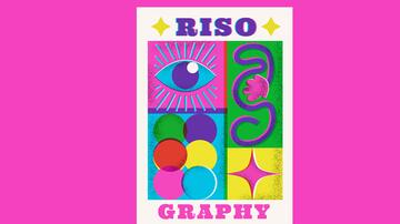 Grafisch ontwerp met oog, abstracte vormen en felle kleuren op roze achtergrond.
