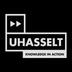 UHasselt logo met tekst "Knowledge in Action", zwart-wit ontwerp.