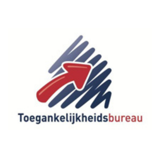 Toegankelijkheidsbureau-logo met rode pijl op blauwe lijnen.
