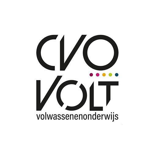 CVO VOLT logo met kleurrijke stippen erboven.