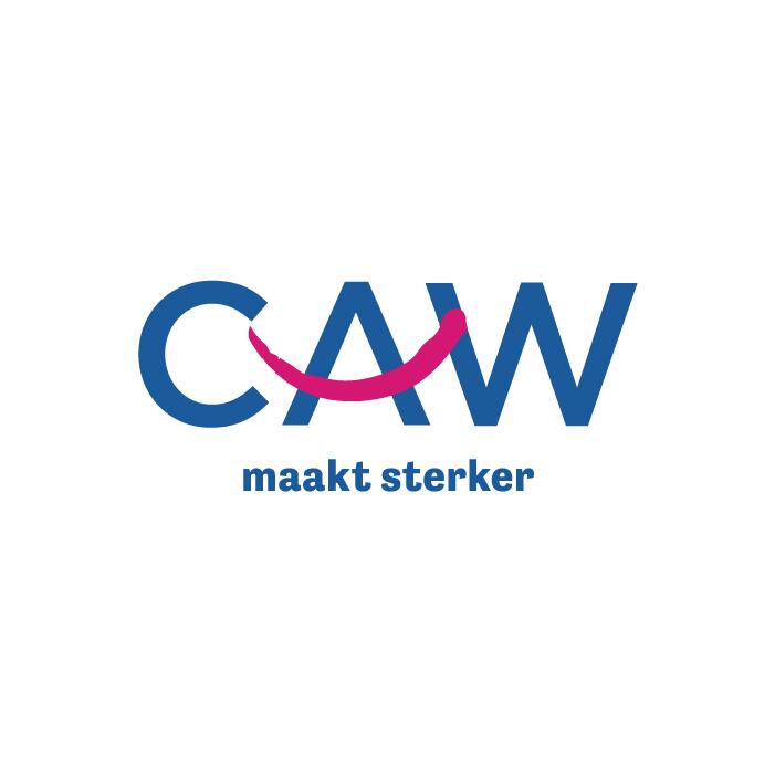 CAW-logo met een roze glimlach en de tekst "maakt sterker".