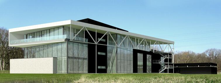 Modern gebouw met glazen gevel en witte constructie, omgeven door gras en bomen.